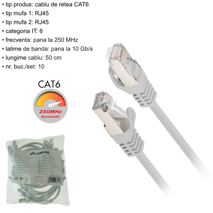 Set 10 cabluri retea-patchcord CAT6 FTP, Lanberg 43613, 2 X RJ45, lungime 50cm, AWG26, 10Gb/s-250MHz, de legatura retea, ethernet, gri [6]