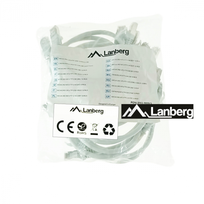 Set 10 cabluri retea-patchcord CAT6 FTP, Lanberg 43613, 2 X RJ45, lungime 50cm, AWG26, 10Gb/s-250MHz, de legatura retea, ethernet, gri [5]