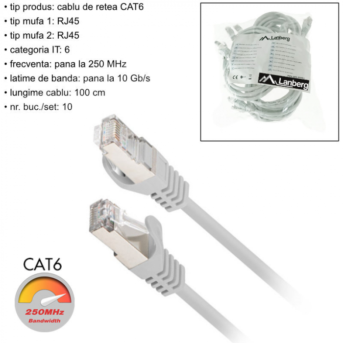 Set 10 cabluri retea-patchcord CAT6 FTP, Lanberg 43614, 2 X RJ45, lungime 1m, AWG26, 10Gb/s-250MHz, de legatura retea, ethernet, gri [6]