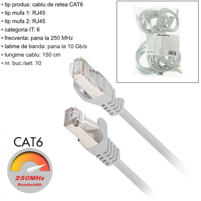 Set 10 cabluri retea-patchcord CAT6 FTP, Lanberg 43615, 2 X RJ45, lungime 1.5m, AWG26, 10Gb/s-250MHz, de legatura retea, ethernet, gri [6]