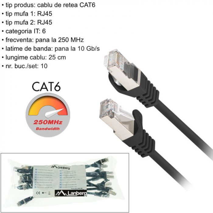 Set 10 cabluri retea-patchcord CAT6 FTP, lanberg 43630, 2X RJ45, lungime 25cm, AWG26, 10Gb/S - 250MHZ, de legatura retea, ethernet, negre [6]