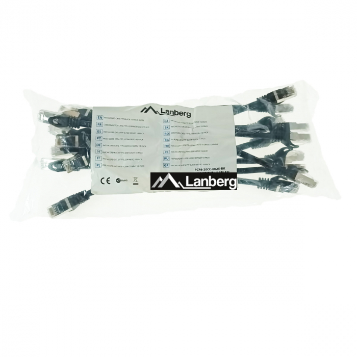 Set 10 cabluri retea-patchcord CAT6 FTP, lanberg 43630, 2X RJ45, lungime 25cm, AWG26, 10Gb/S - 250MHZ, de legatura retea, ethernet, negre [1]