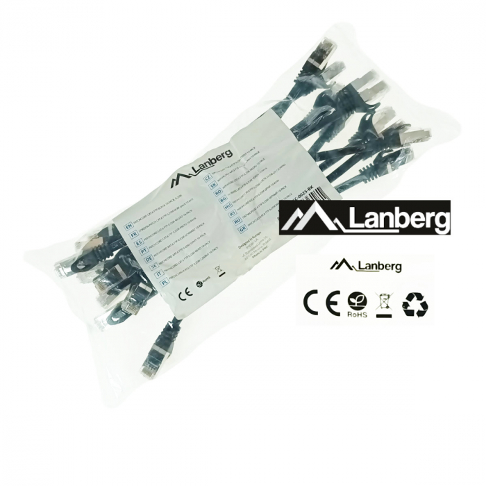 Set 10 cabluri retea-patchcord CAT6 FTP, lanberg 43630, 2X RJ45, lungime 25cm, AWG26, 10Gb/S - 250MHZ, de legatura retea, ethernet, negre [5]