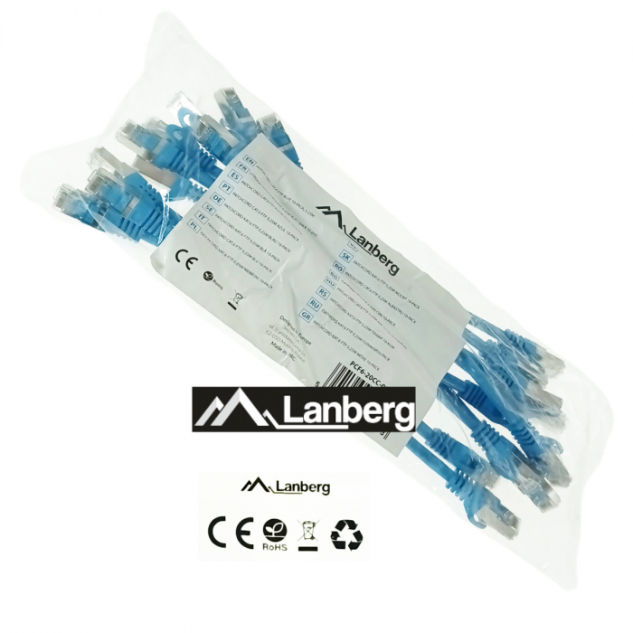Set 10 cabluri retea-patchcord CAT6 FTP, lanberg 43630, 2X RJ45, lungime 25cm, AWG26, 10Gb/S - 250MHZ, de legatura retea, ethernet, albastre [5]