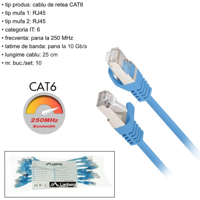 Set 10 cabluri retea-patchcord CAT6 FTP, lanberg 43630, 2X RJ45, lungime 25cm, AWG26, 10Gb/S - 250MHZ, de legatura retea, ethernet, albastre [6]