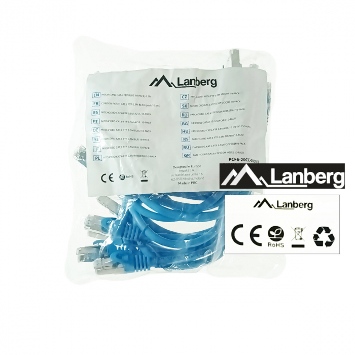 Set 10 cabluri retea-patchcord CAT6 FTP, Lanberg 43631, 2 X RJ45, lungime 50cm, AWG26, 10Gb/s-250MHz, de legatura retea, ethernet, albastre [5]