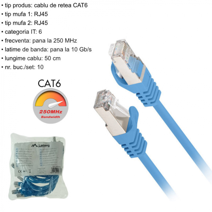 Set 10 cabluri retea-patchcord CAT6 FTP, Lanberg 43631, 2 X RJ45, lungime 50cm, AWG26, 10Gb/s-250MHz, de legatura retea, ethernet, albastre [6]