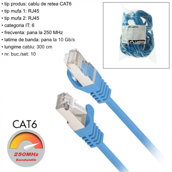 Set 10 cabluri retea-patchcord CAT6 FTP, Lanberg 43635, 2 X RJ45, lungime 3m, AWG26, 10Gb/s-250MHz, de legatura retea, ethernet, albastre [6]