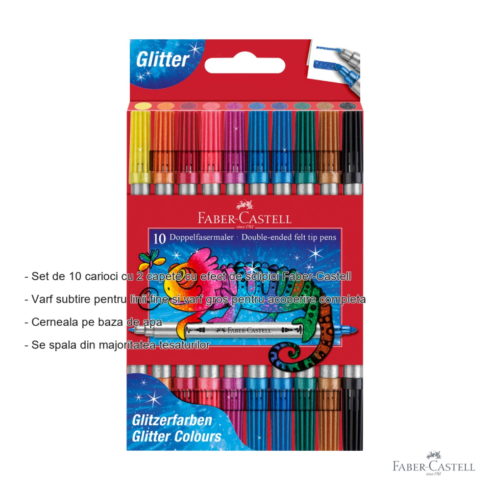 Set 10 carioci cu 2 capete si efect glitter Faber-Castell, varf subtire si gros, pentru copii si adulti [2]