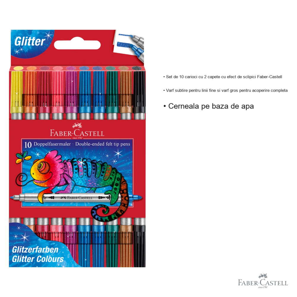 Set 10 carioci cu 2 capete si efect glitter Faber-Castell, varf subtire si gros, pentru copii si adulti [3]