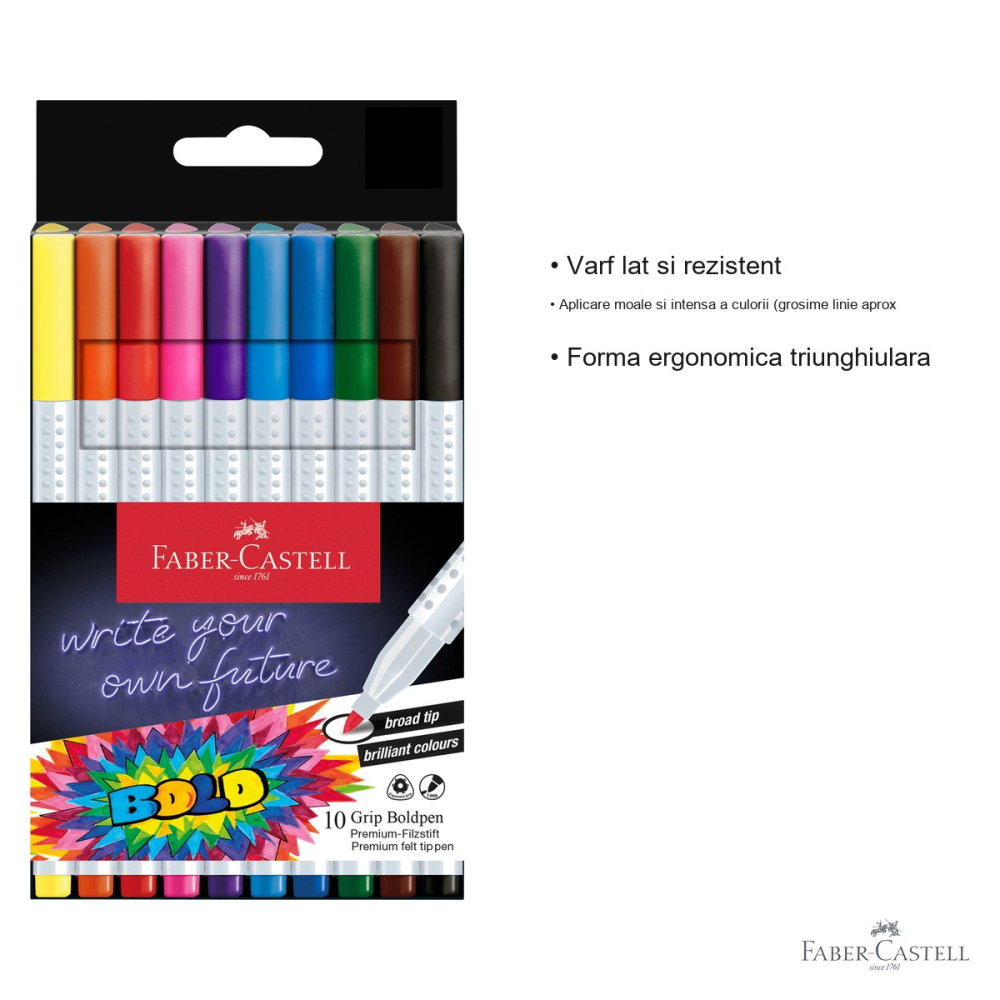 Set 10 carioci Faber-Castell Grip Boldpen, varf lat, forma triunghiulara ergonomica, pentru copii [3]