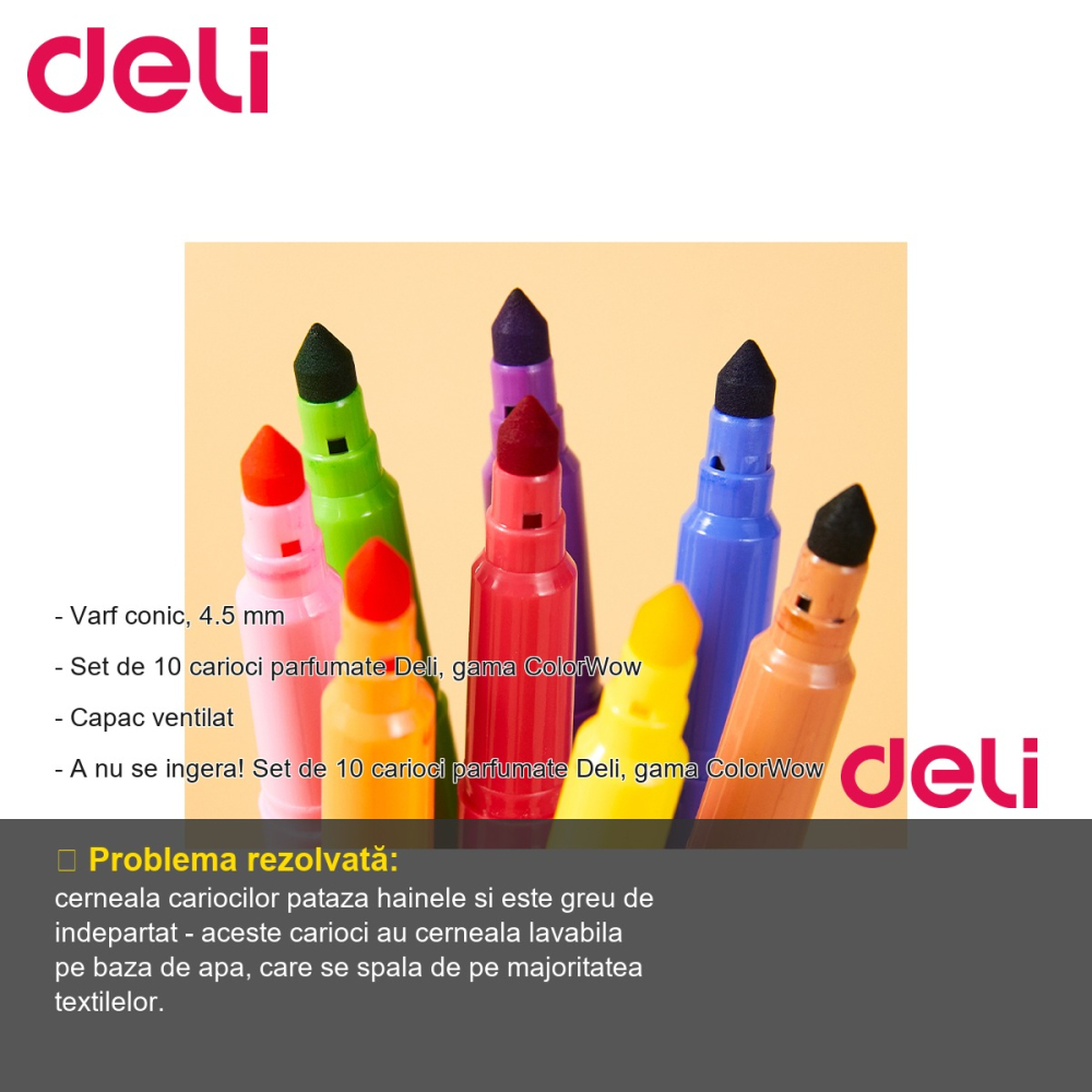Set 10 carioci parfumate Deli ColorWow, varf conic 4.5 mm, cerneala lavabila, pentru copii [2]