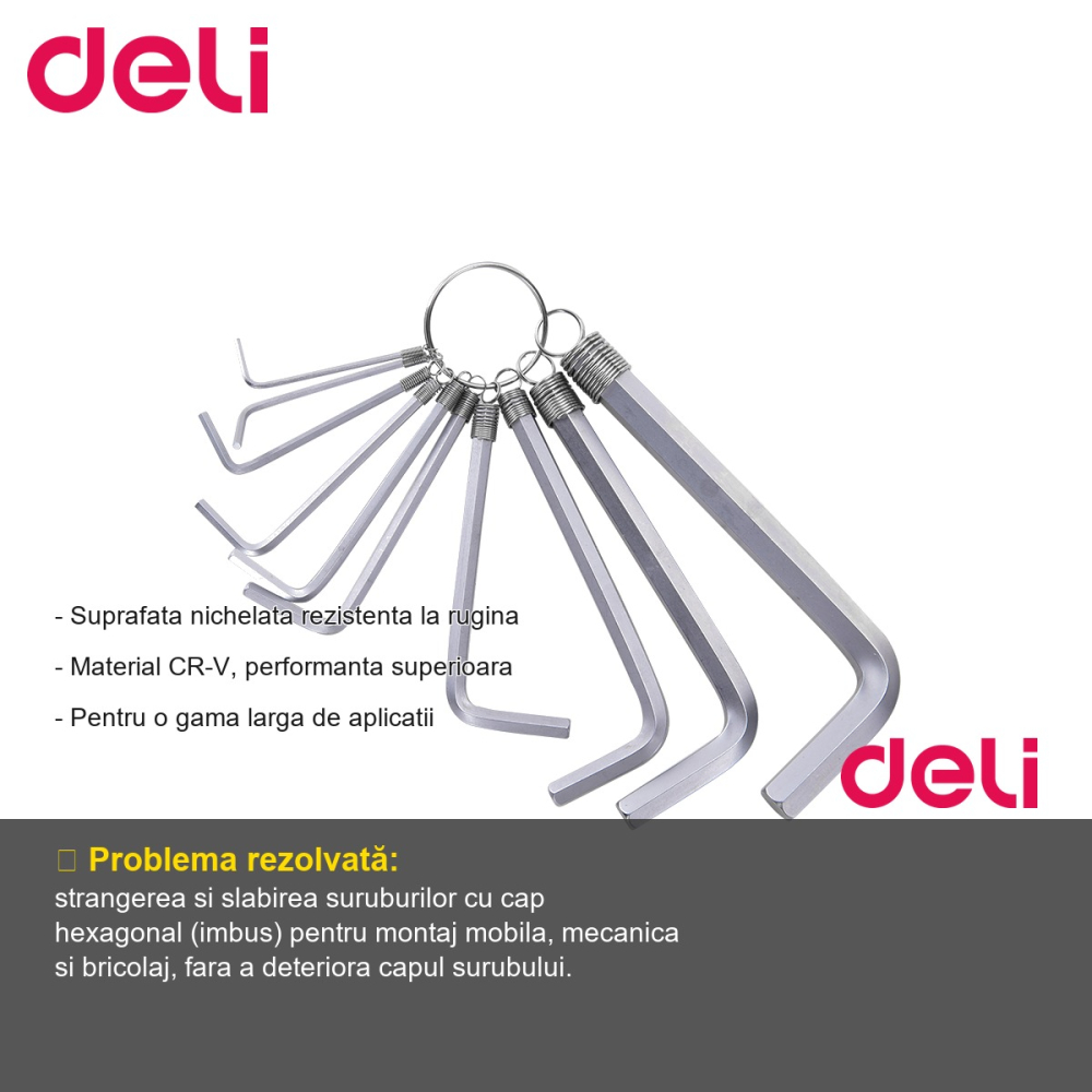Set 10 chei imbus standard Deli, material CR-V, suprafata nichelata, pentru diverse aplicatii de strangere si slabire suruburi [2]