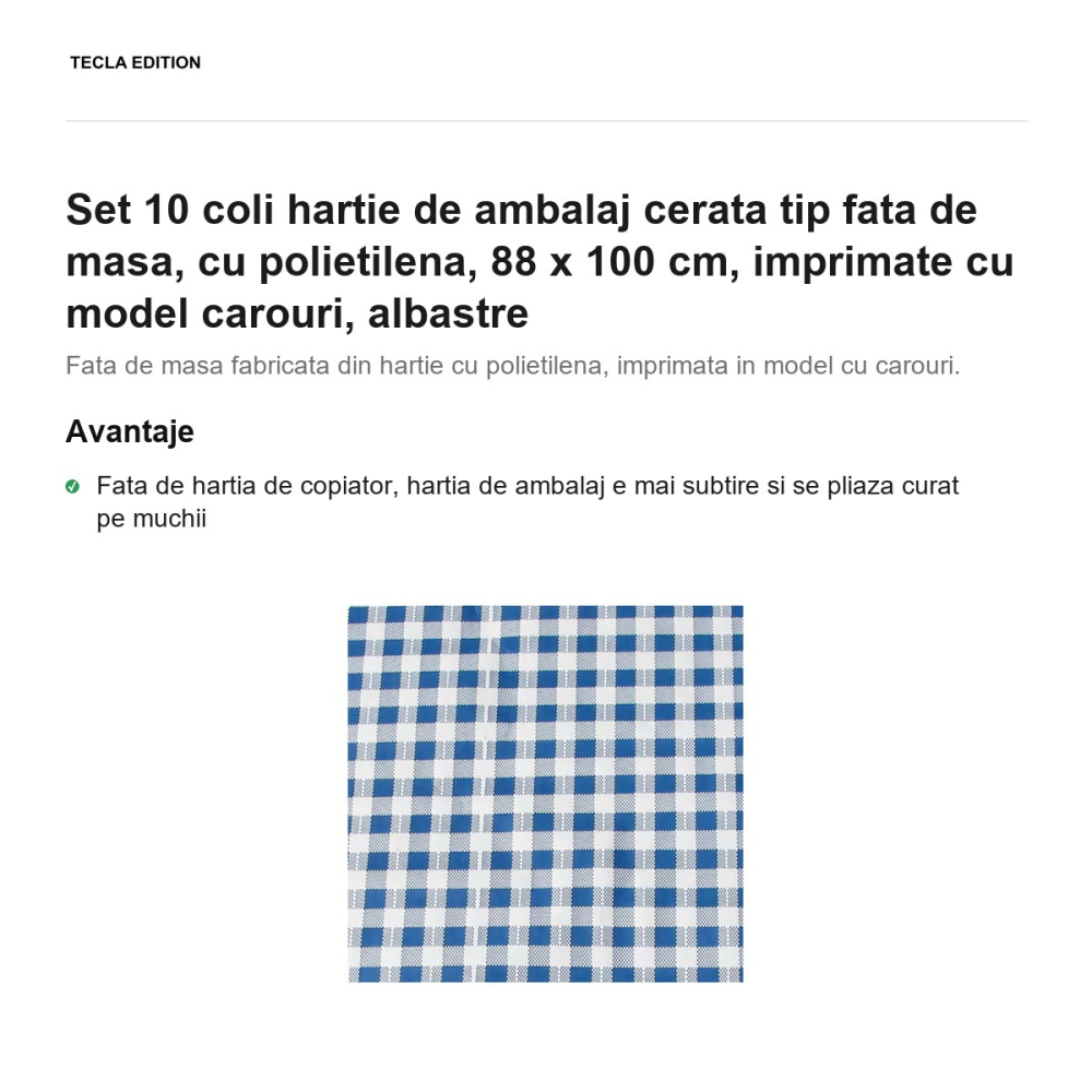 Set 10 coli hartie de ambalaj cerata tip fata de masa, cu polietilena, 88 x 100 cm, imprimate cu model carouri, albastre [2]