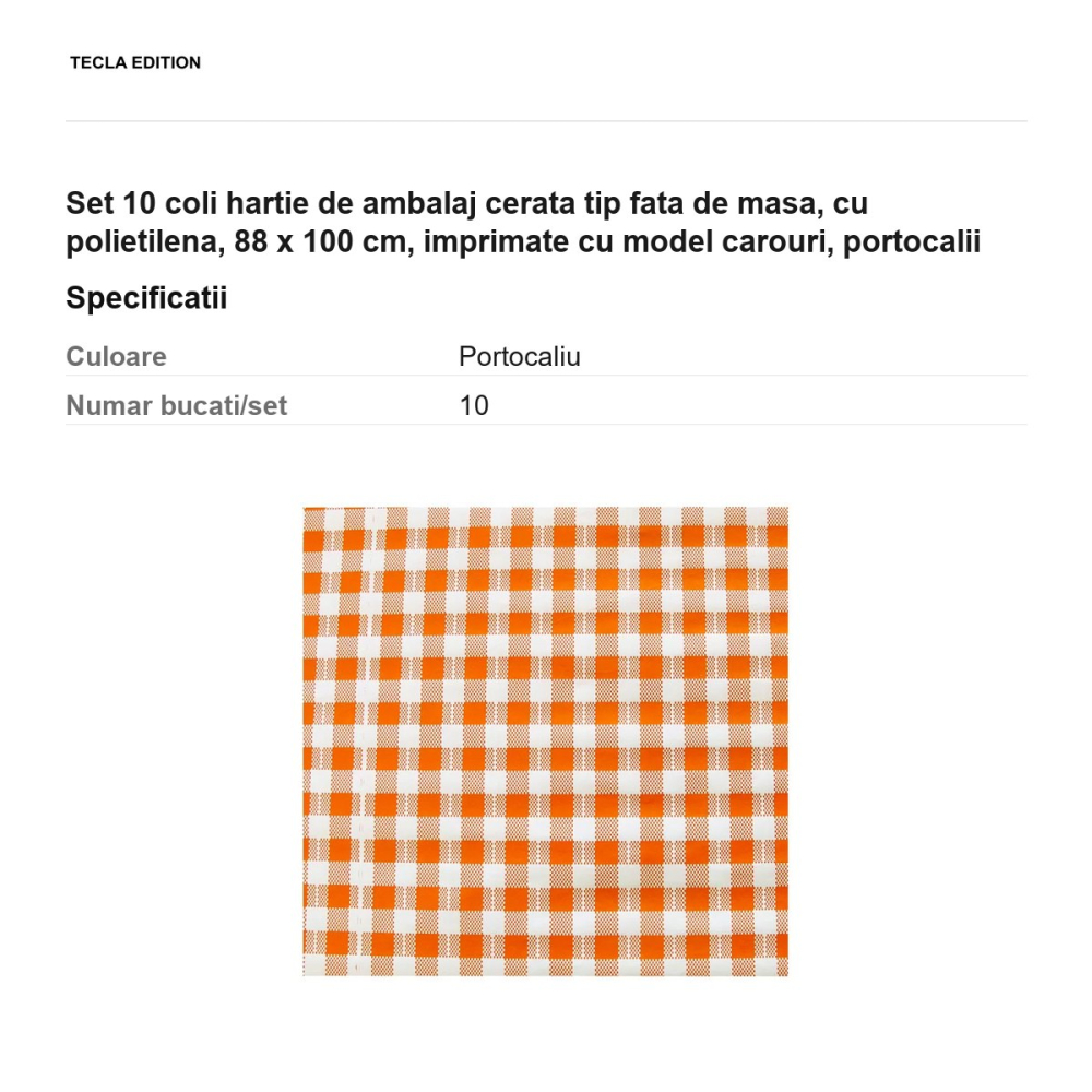 Set 10 coli hartie de ambalaj cerata tip fata de masa, cu polietilena, 88 x 100 cm, imprimate cu model carouri, portocalii [3]