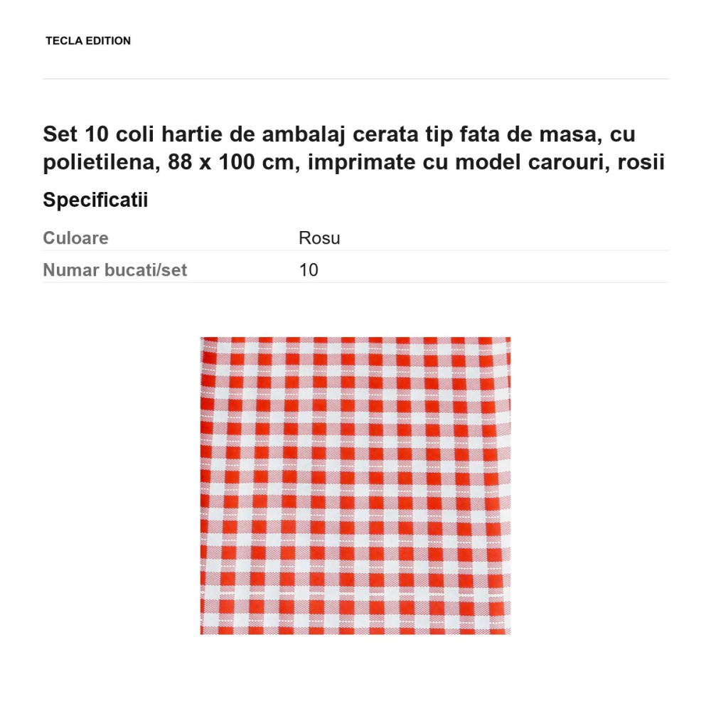 Set 10 coli hartie de ambalaj cerata tip fata de masa, cu polietilena, 88 x 100 cm, imprimate cu model carouri, rosii [3]