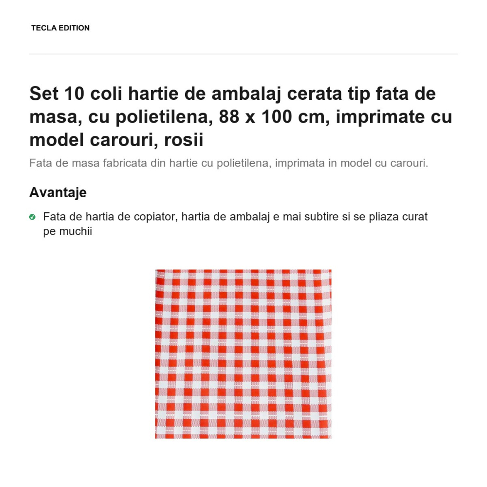 Set 10 coli hartie de ambalaj cerata tip fata de masa, cu polietilena, 88 x 100 cm, imprimate cu model carouri, rosii [2]