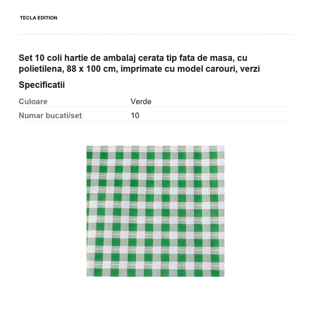 Set 10 coli hartie de ambalaj cerata tip fata de masa, cu polietilena, 88 x 100 cm, imprimate cu model carouri, verzi [3]