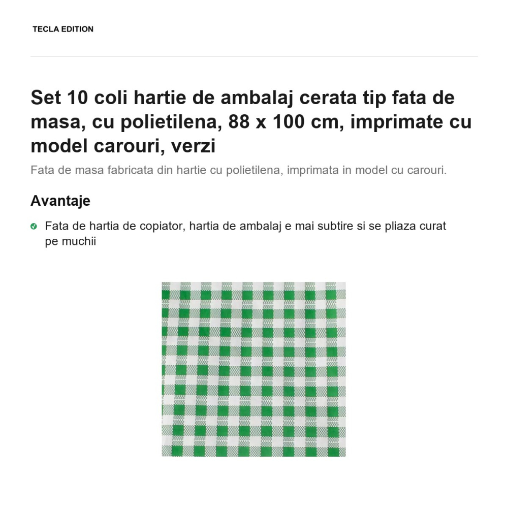 Set 10 coli hartie de ambalaj cerata tip fata de masa, cu polietilena, 88 x 100 cm, imprimate cu model carouri, verzi [2]