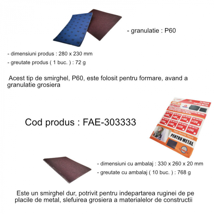 Set 10 coli smirghel pe panza, pentru metal, FAE-30333, granulatie P60, dimensiuni 280 x 230 mm [5]