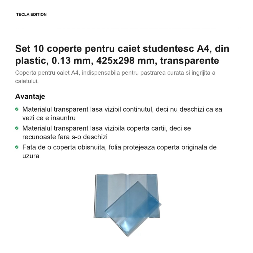 Set 10 coperte pentru caiet studentesc A4, din plastic, 0.13 mm, 425x298 mm, transparente [2]