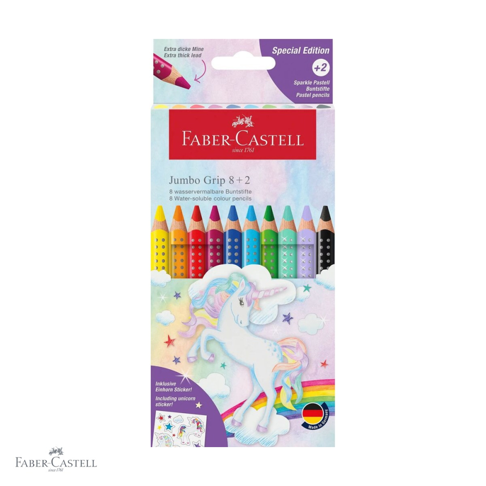 Set 10 creioane colorate Jumbo Grip Faber-Castell, editie unicorni, forma triunghiulara ergonomica, pentru copii [1]
