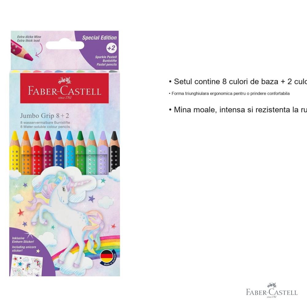 Set 10 creioane colorate Jumbo Grip Faber-Castell, editie unicorni, forma triunghiulara ergonomica, pentru copii [3]