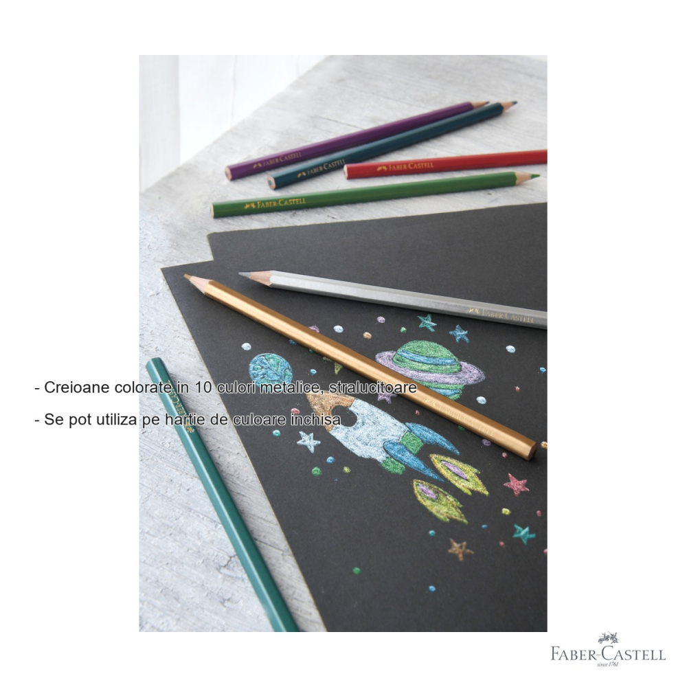 Set 10 creioane colorate metalizate Faber-Castell, culori stralucitoare, pentru hartie inchisa la culoare [2]
