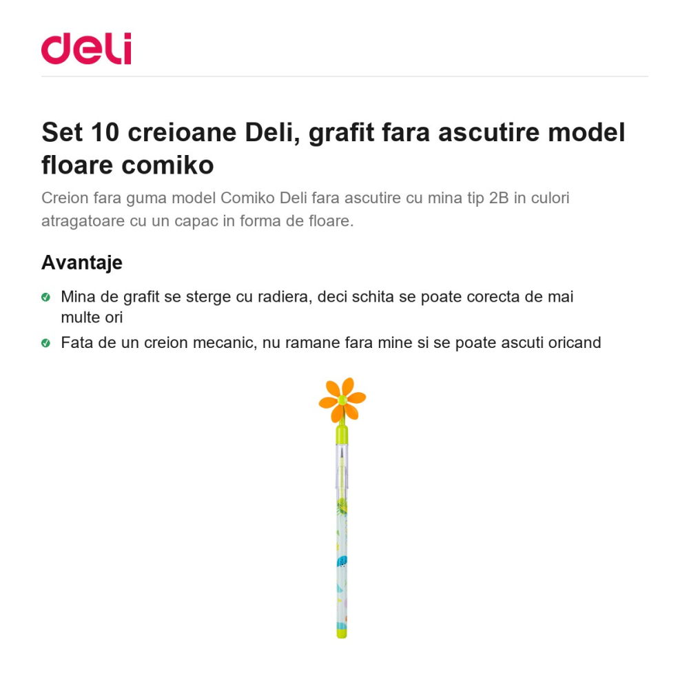 Set 10 creioane Deli, grafit fara ascutire model floare comiko [2]