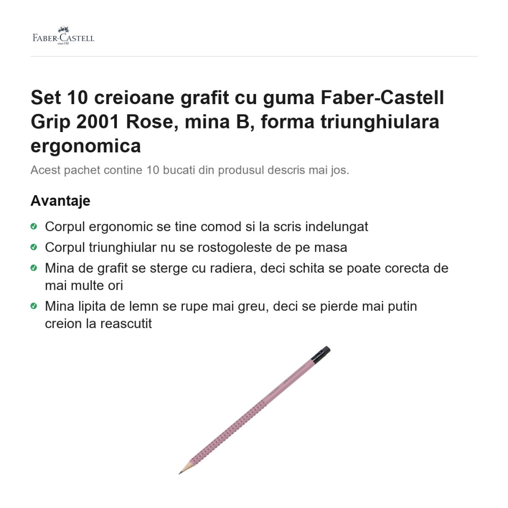Set 10 creioane grafit cu guma Faber-Castell Grip 2001 Rose, mina B, forma triunghiulara ergonomica [2]