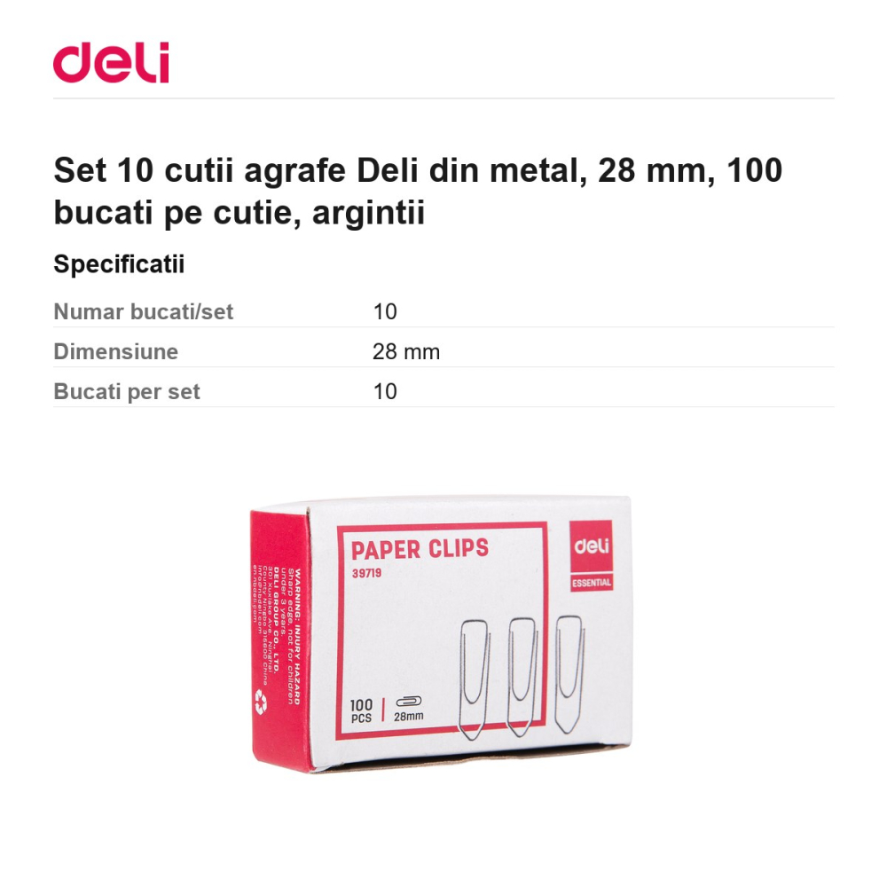 Set 10 cutii agrafe Deli din metal, 28 mm, 100 bucati pe cutie, argintii [3]