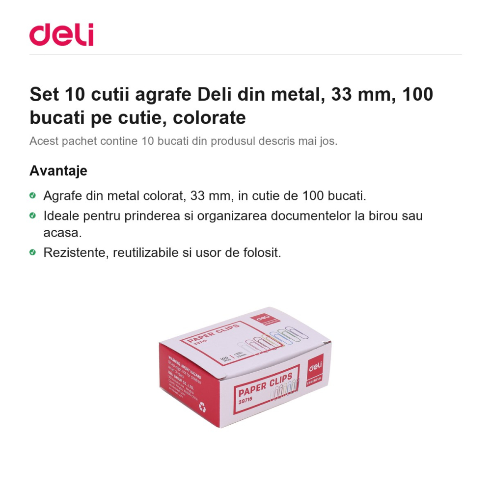 Set 10 cutii agrafe Deli din metal, 33 mm, 100 bucati pe cutie, colorate [2]