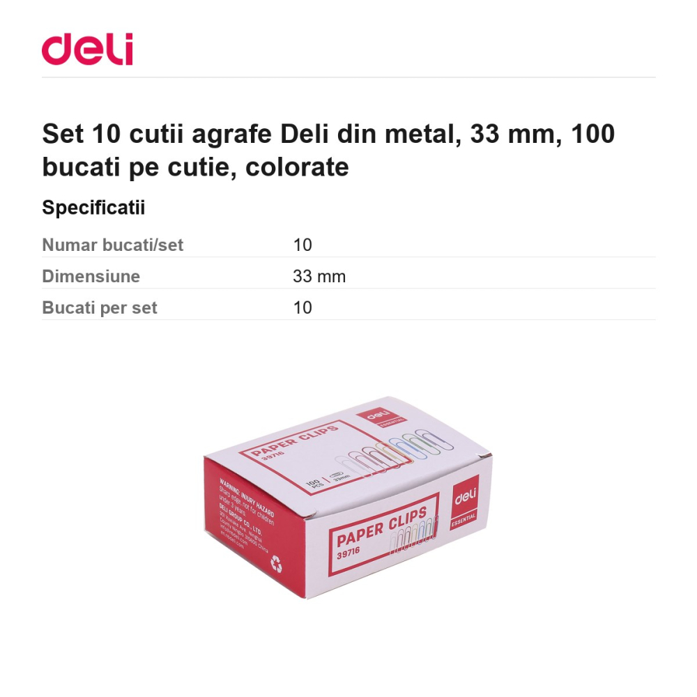 Set 10 cutii agrafe Deli din metal, 33 mm, 100 bucati pe cutie, colorate [3]