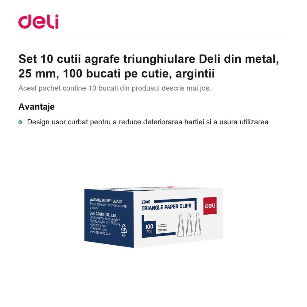 Set 10 cutii agrafe triunghiulare Deli din metal, 25 mm, 100 bucati pe cutie, argintii [2]