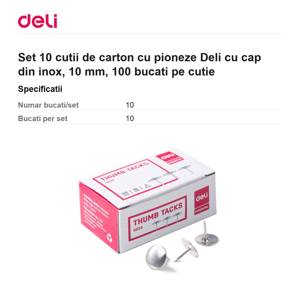 Set 10 cutii de carton cu pioneze Deli cu cap din inox, 10 mm, 100 bucati pe cutie [3]