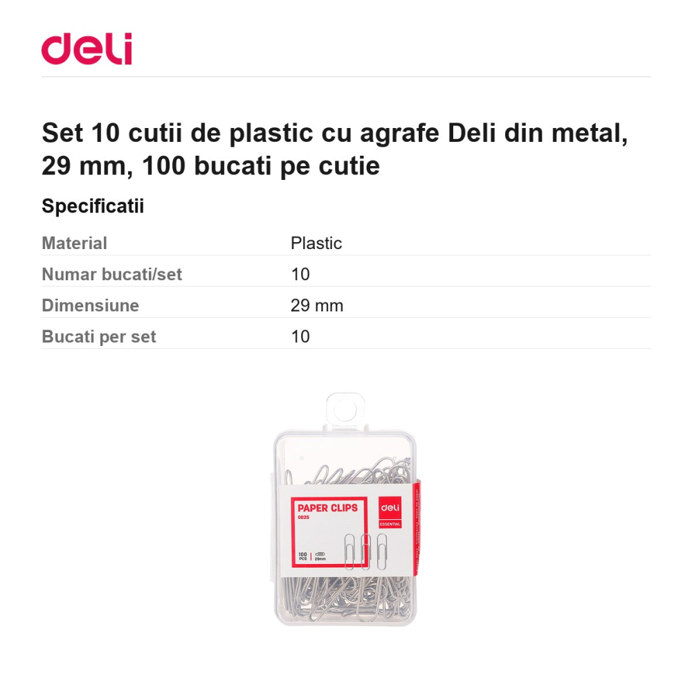 Set 10 cutii de plastic cu agrafe Deli din metal, 29 mm, 100 bucati pe cutie [3]
