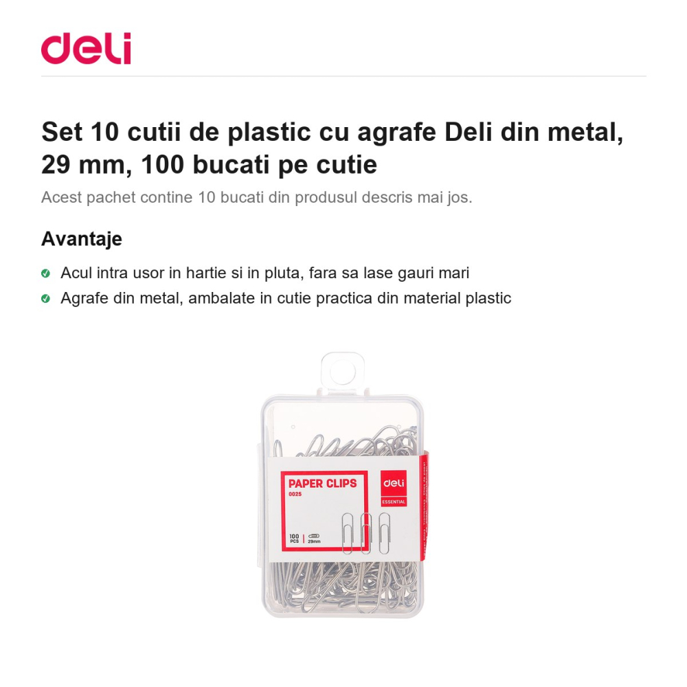 Set 10 cutii de plastic cu agrafe Deli din metal, 29 mm, 100 bucati pe cutie [2]