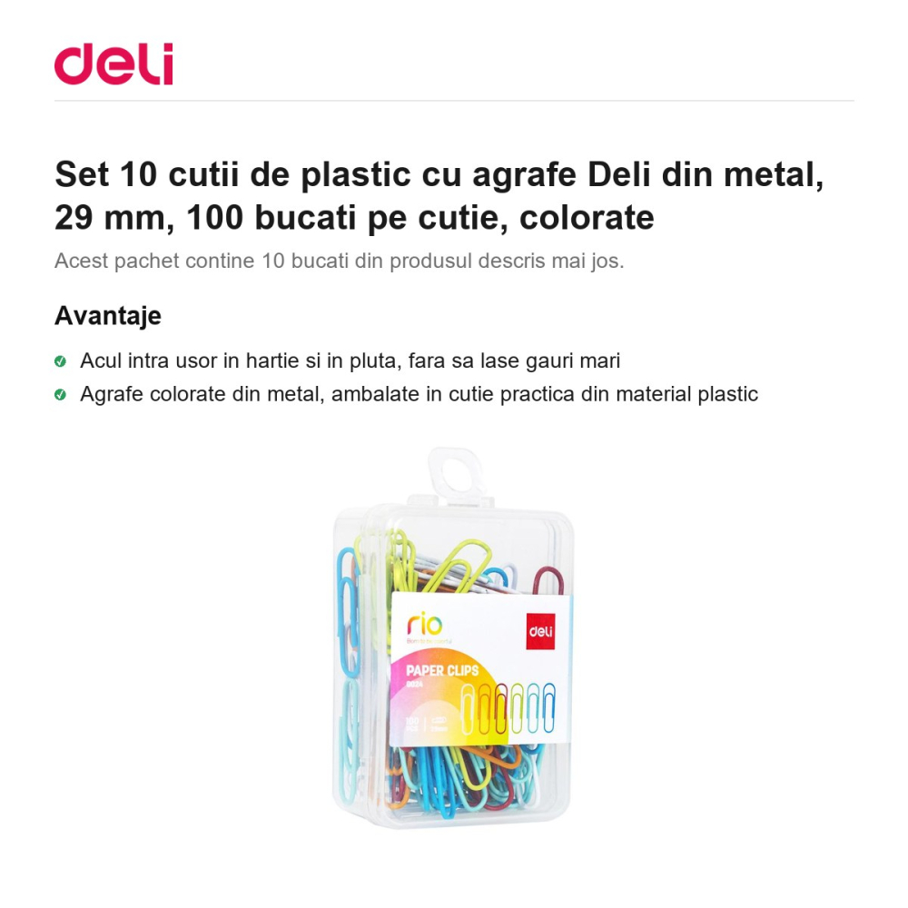 Set 10 cutii de plastic cu agrafe Deli din metal, 29 mm, 100 bucati pe cutie, colorate [2]