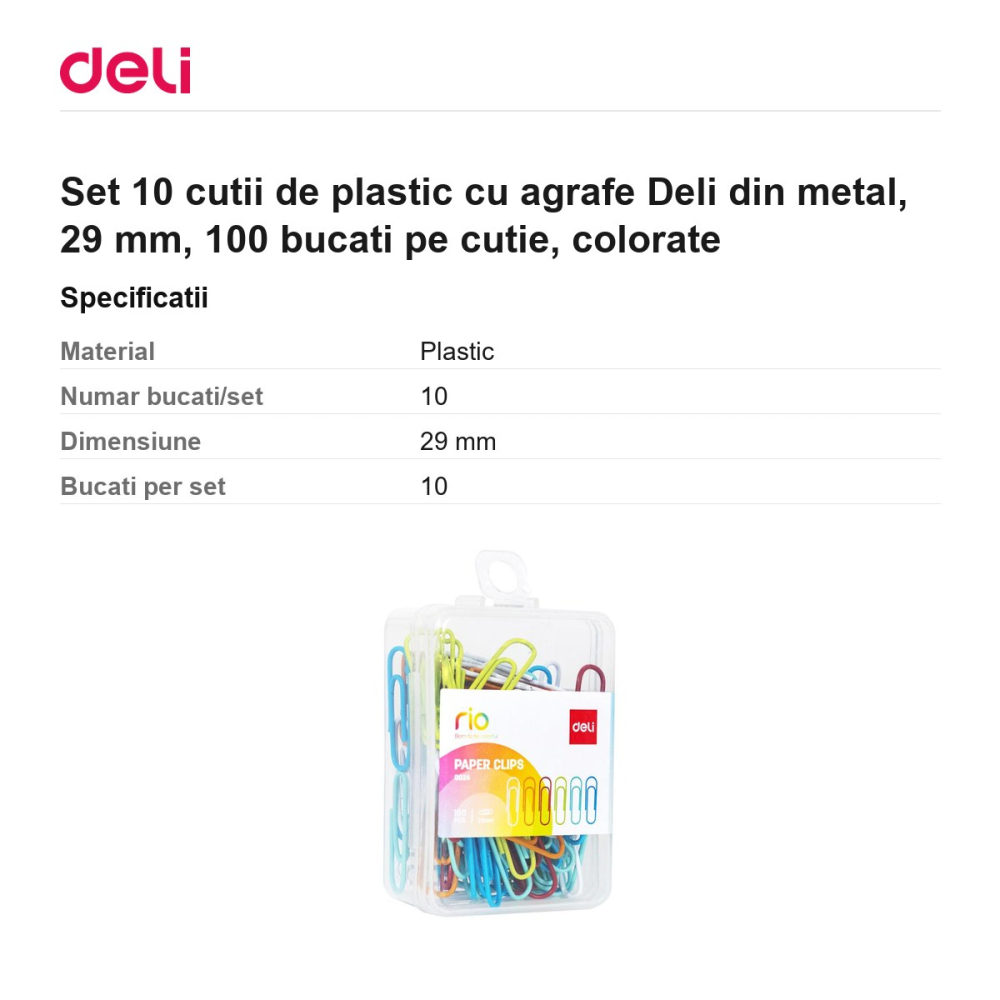 Set 10 cutii de plastic cu agrafe Deli din metal, 29 mm, 100 bucati pe cutie, colorate [3]