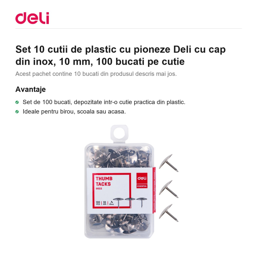 Set 10 cutii de plastic cu pioneze Deli cu cap din inox, 10 mm, 100 bucati pe cutie [2]