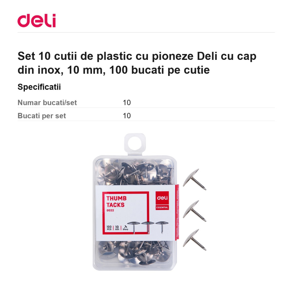 Set 10 cutii de plastic cu pioneze Deli cu cap din inox, 10 mm, 100 bucati pe cutie [3]