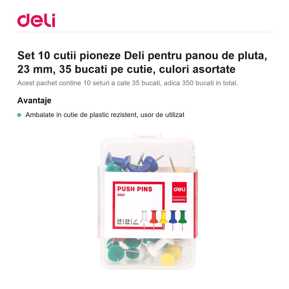 Set 10 cutii pioneze Deli pentru panou de pluta, 23 mm, 35 bucati pe cutie, culori asortate [2]