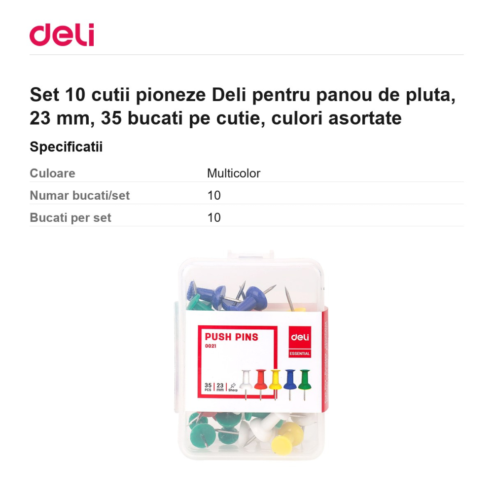 Set 10 cutii pioneze Deli pentru panou de pluta, 23 mm, 35 bucati pe cutie, culori asortate [3]