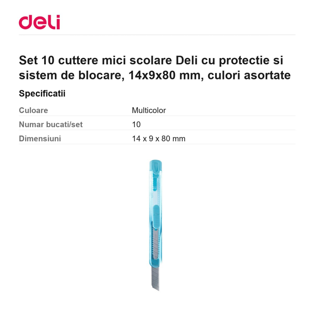 Set 10 cuttere mici scolare Deli cu protectie si sistem de blocare, 14x9x80 mm, culori asortate [3]