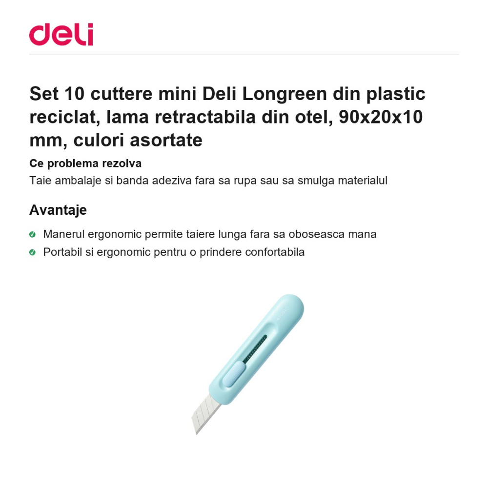Set 10 cuttere mini Deli Longreen din plastic reciclat, lama retractabila din otel, 90x20x10 mm, culori asortate [2]