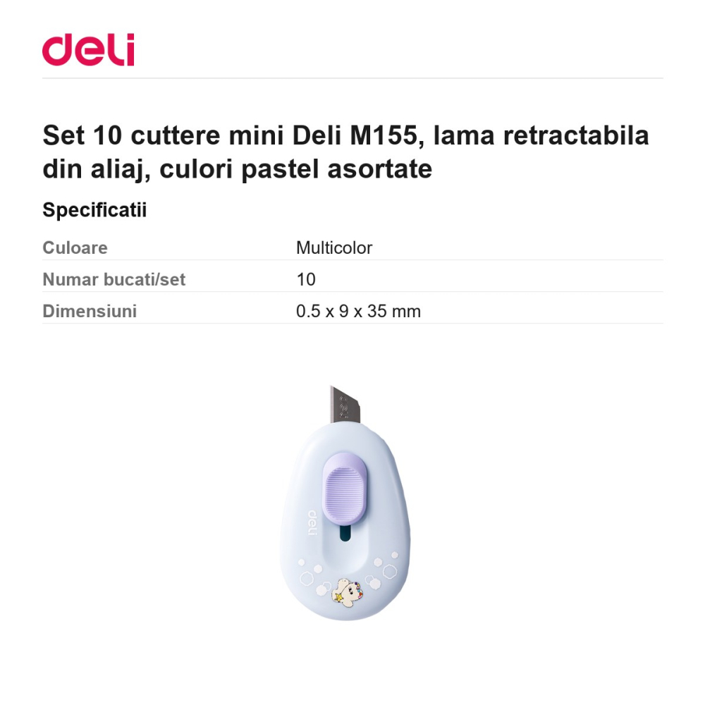 Set 10 cuttere mini Deli M155, lama retractabila din aliaj, culori pastel asortate [3]