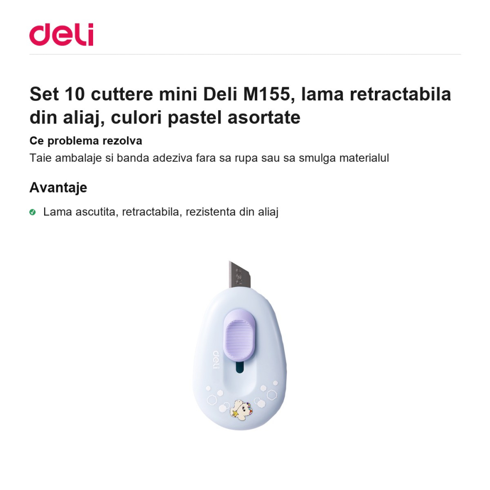 Set 10 cuttere mini Deli M155, lama retractabila din aliaj, culori pastel asortate [2]