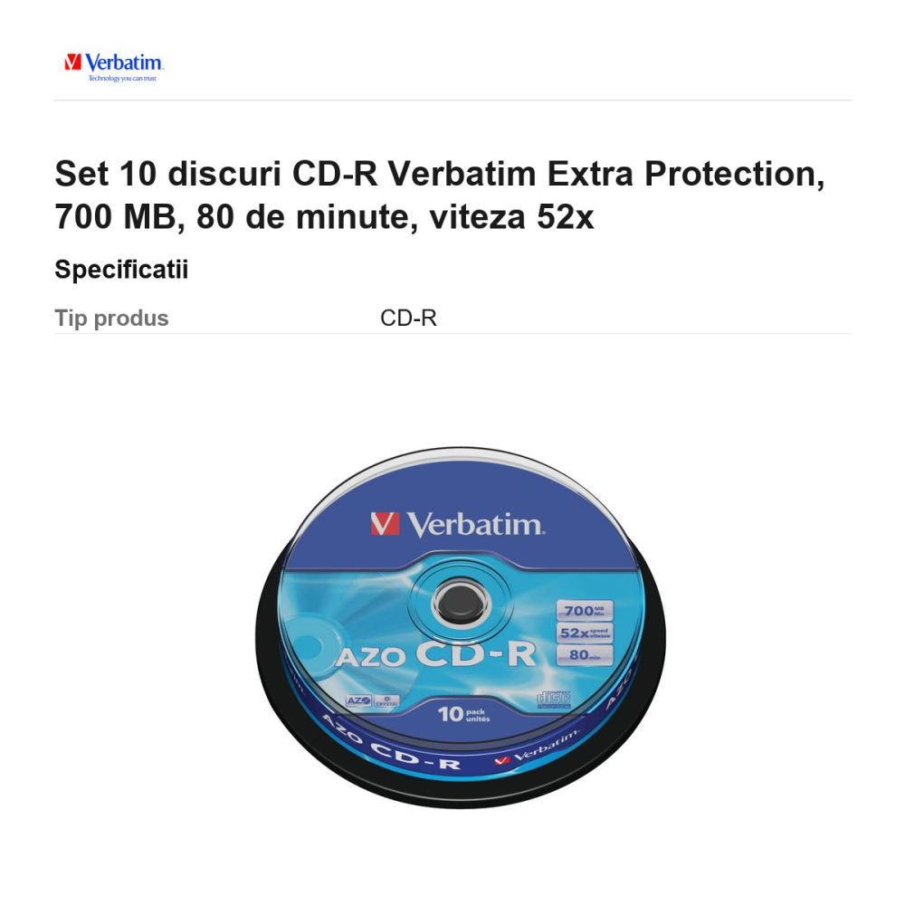 Set 10 discuri CD-R Verbatim Extra Protection, 700 MB, 80 de minute, viteza 52x [3]