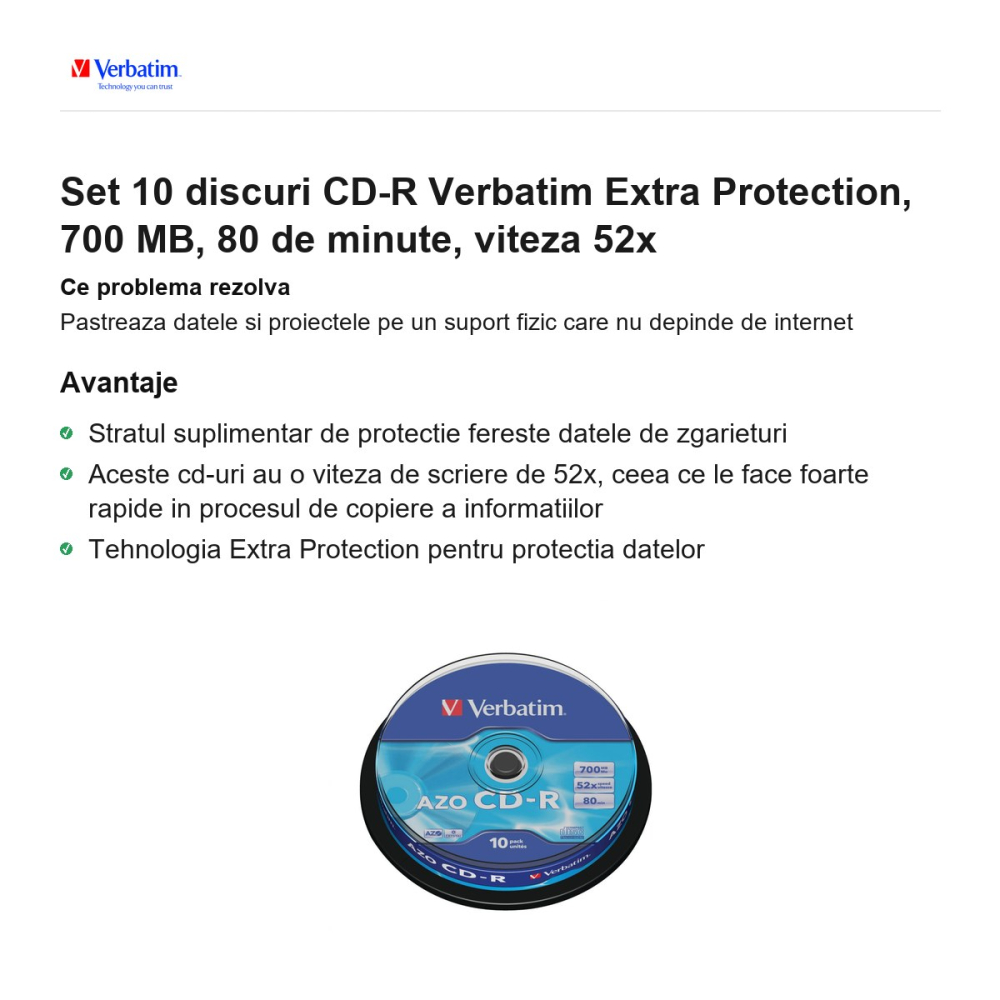 Set 10 discuri CD-R Verbatim Extra Protection, 700 MB, 80 de minute, viteza 52x [2]
