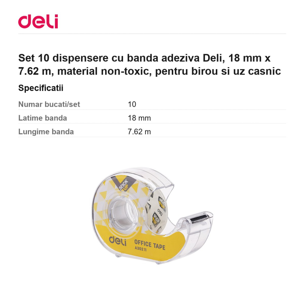 Set 10 dispensere cu banda adeziva Deli, 18 mm x 7.62 m, material non-toxic, pentru birou si uz casnic [3]